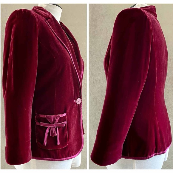 AUSTIN REED Sz 12 Cranberry Red Velvet Satin Trim Jacket / Shortened Sleeve 23" - Picture 3 of 8